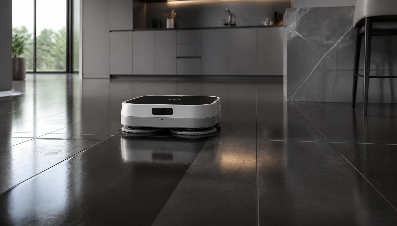A robot mop with a dual spinning pad cleaning a large tiled kitchen floor, visible water sheen behind it. Image by www.CleaningRobots.Online.