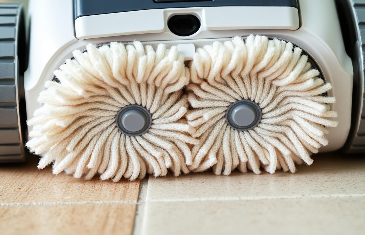 Close-up of a robot mop's rotating microfibre pads pressing down and scrubbing a stained tile floor. Image by www.CleaningRobots.Online.