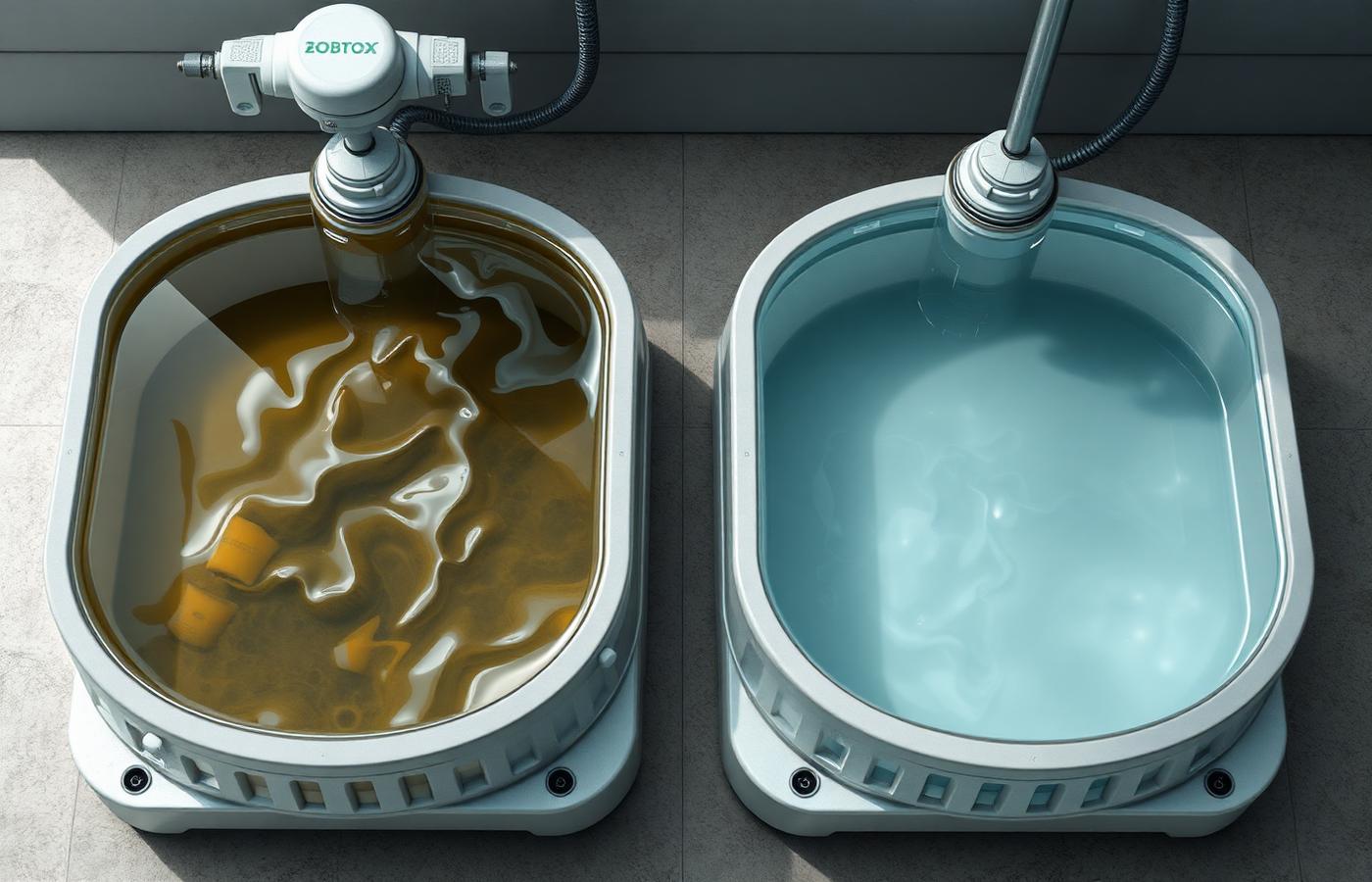 A robot mop docked at its base station being refilled with clean water automatically. Image by www.CleaningRobots.Online.