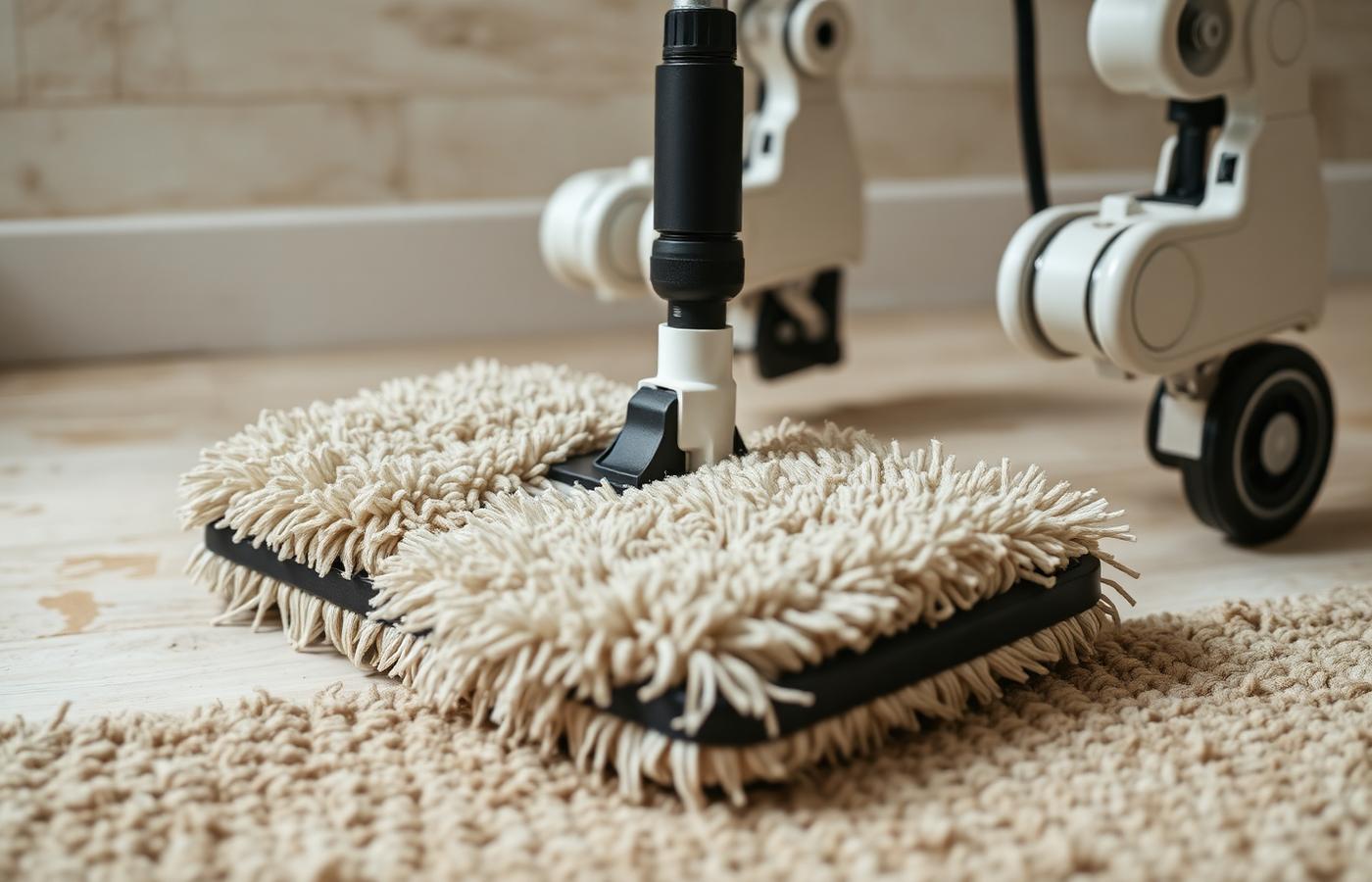 A robot mop navigating around kitchen chair legs on a hardwood floor using front sensors. Image by www.CleaningRobots.Online.