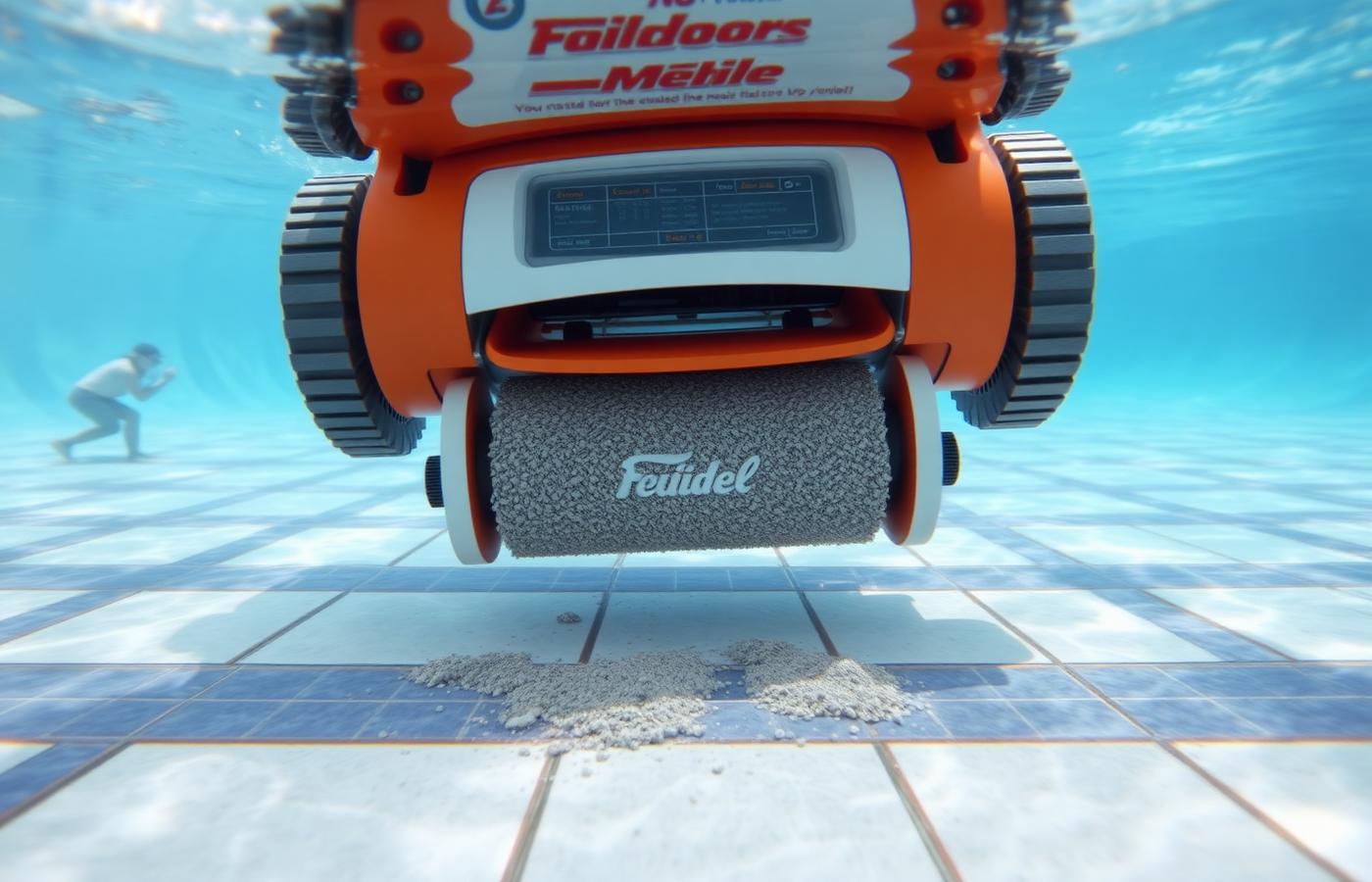 Close-up of a pool cleaning robot's caterpillar tracks and brush rollers underwater. Image by www.CleaningRobots.Online.
