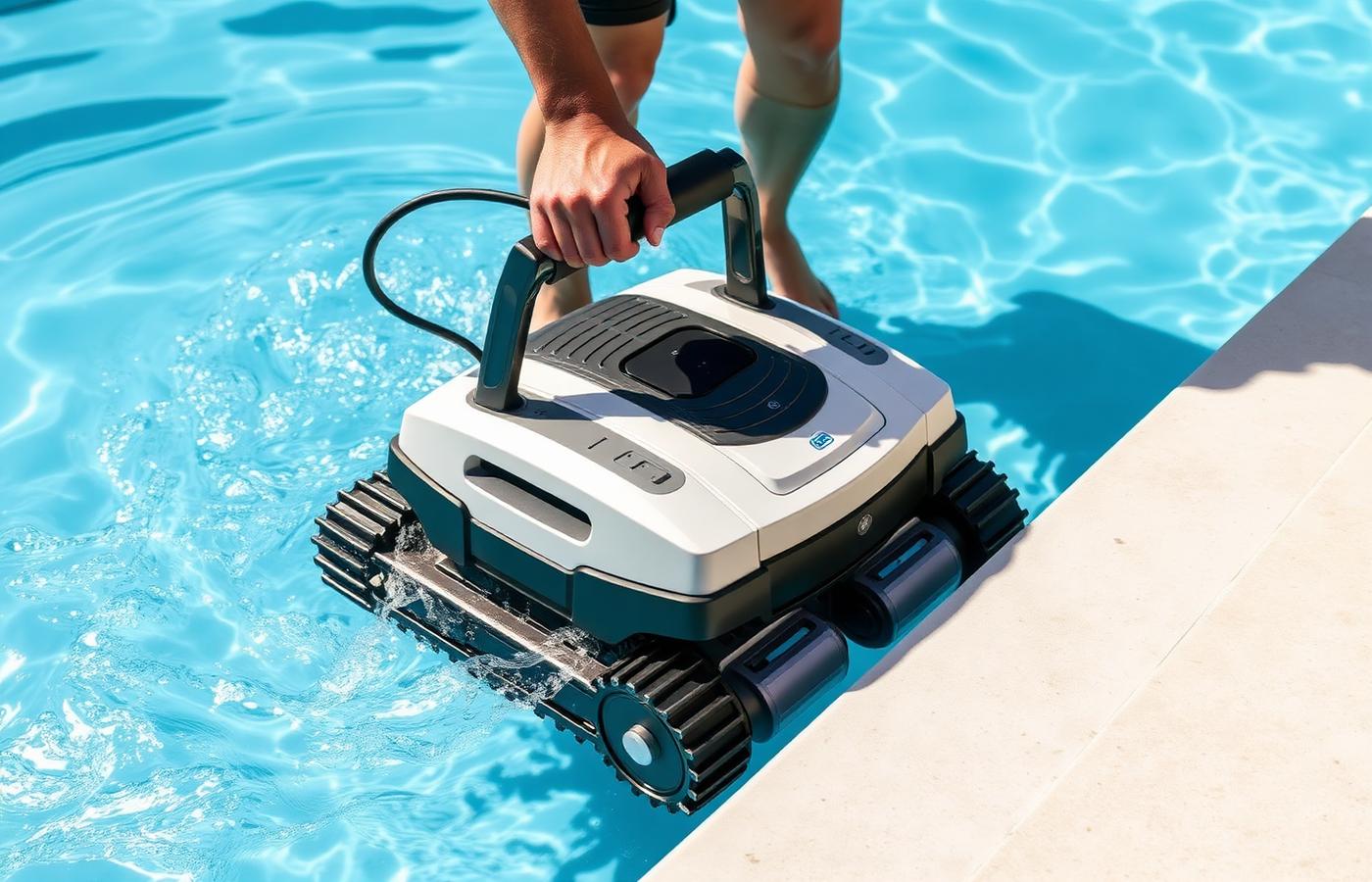 A pool owner lifting a robot pool cleaner out of the water using its caddy and cable. Image by www.CleaningRobots.Online.
