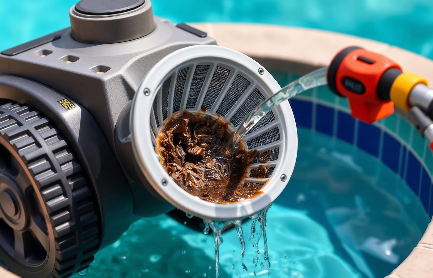 An open robot pool cleaner filter basket full of leaves and debris beside a swimming pool. Image by www.CleaningRobots.Online.