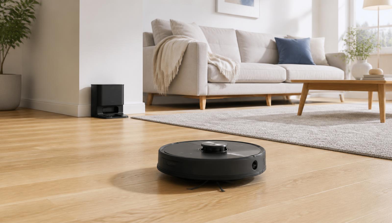 A robot vacuum cleaning a hardwood living room floor beside a sofa. Image by www.CleaningRobots.Online.