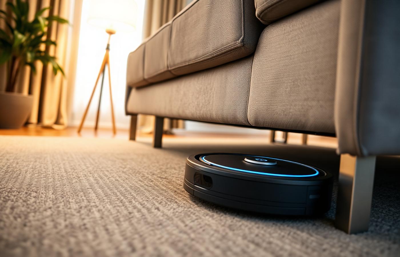 A robot vacuum returning to its charging and self-empty dock in a hallway. Image by www.CleaningRobots.Online.