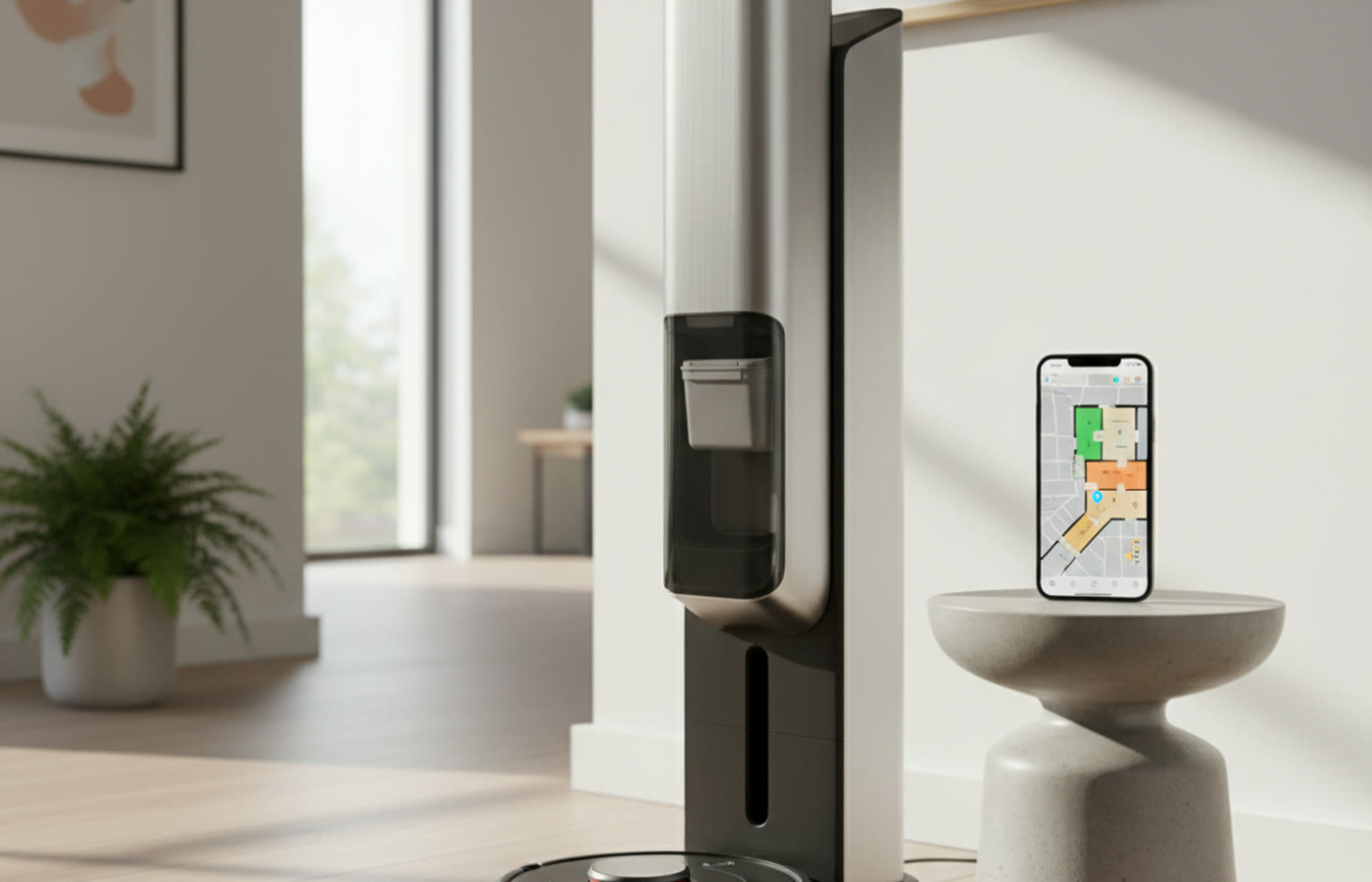 A robot vacuum navigating around furniture legs on a rug in a living room. Image by www.CleaningRobots.Online.