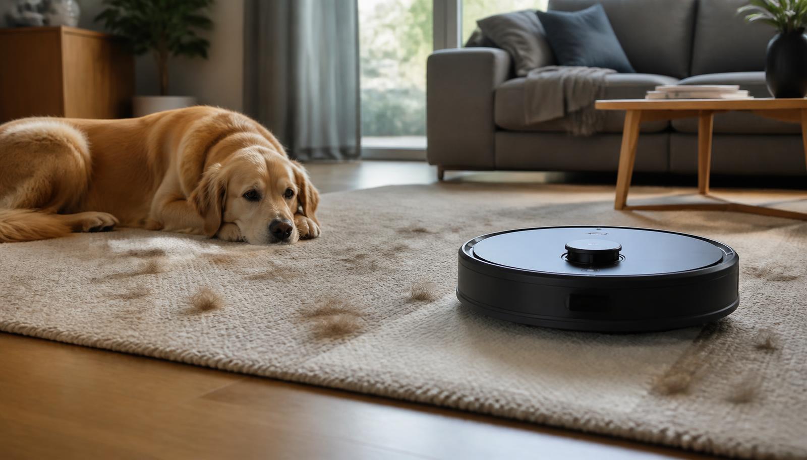 A robot vacuum cleaning a living room floor covered in pet hair with a golden retriever resting nearby. Image by www.CleaningRobots.Online.
