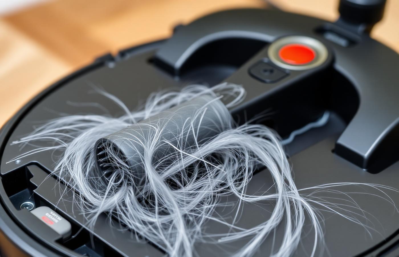 Close-up of a robot vacuum brush roll with a self-cleaning comb removing tangled pet hair. Image by www.CleaningRobots.Online.