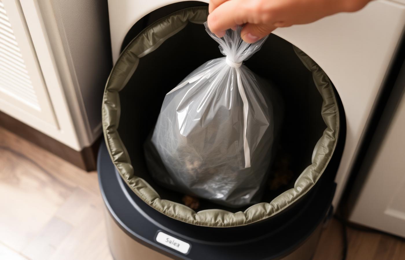 A robot vacuum emptying its dustbin into a tall self-empty charging dock in a kitchen. Image by www.CleaningRobots.Online.