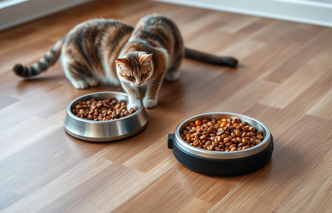 A fluffy cat resting on a carpet while a low-profile robot vacuum cleans around furniture legs. Image by www.CleaningRobots.Online.