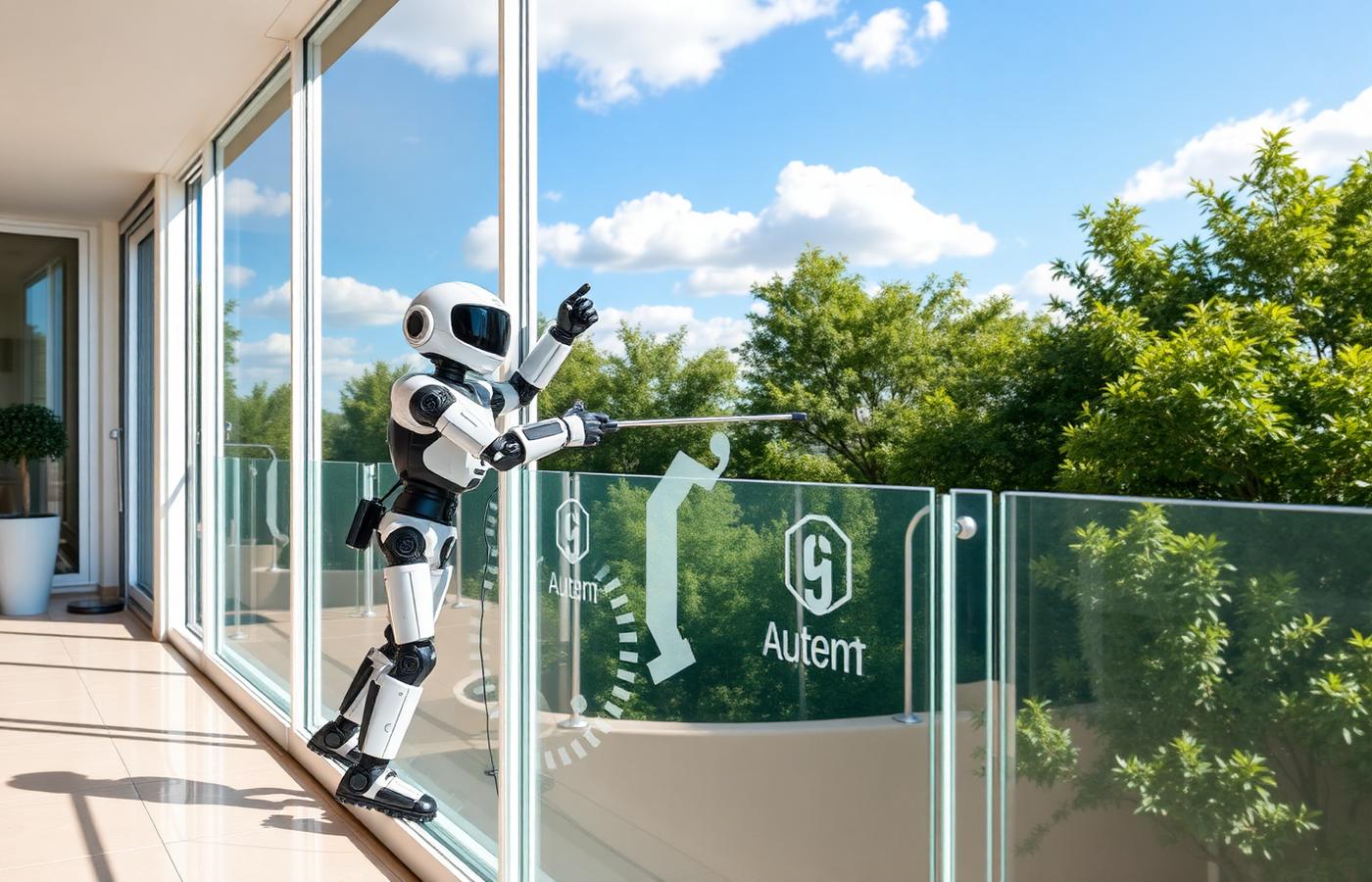A robot window cleaner navigating around a window frame edge with sensors visible. Image by www.CleaningRobots.Online.