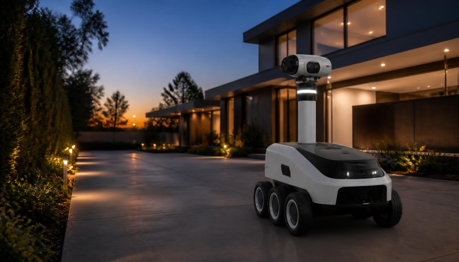 A sleek autonomous security patrol robot moving along a well-lit corporate building perimeter at dusk. Image by www.CleaningRobots.Online.
