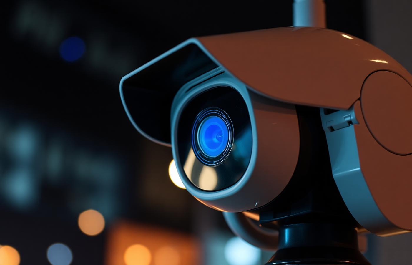 A wheeled security patrol robot with a thermal camera and indicator lights in a parking garage at night. Image by www.CleaningRobots.Online.