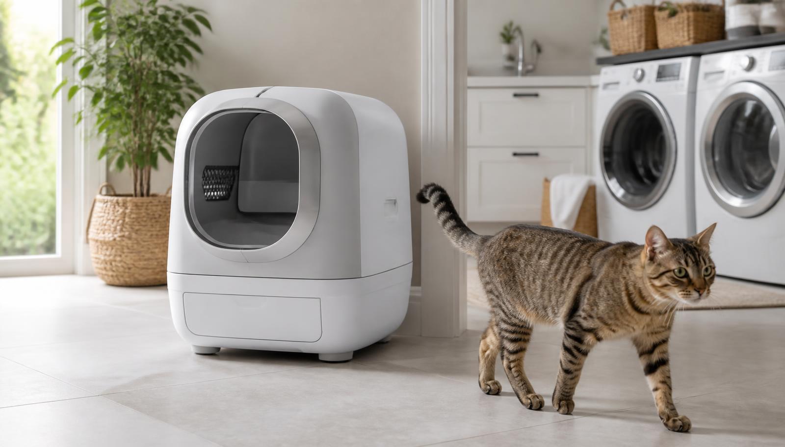 A modern self cleaning litter box in a bright home laundry nook with a cat sitting beside it. Image by www.CleaningRobots.Online.