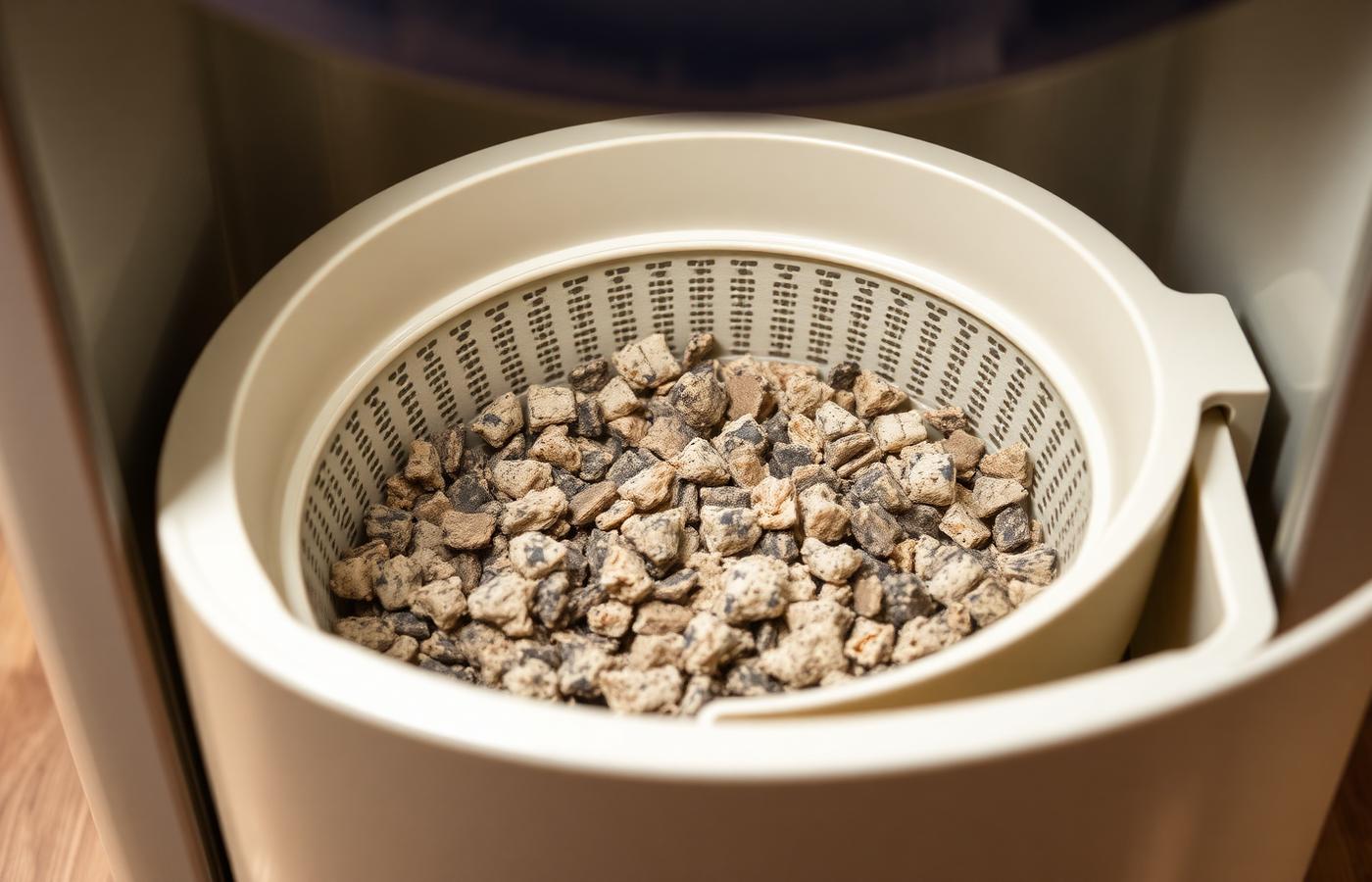 Close-up of a self cleaning litter box's rotating rake sifting clumped litter into a waste compartment. Image by www.CleaningRobots.Online.