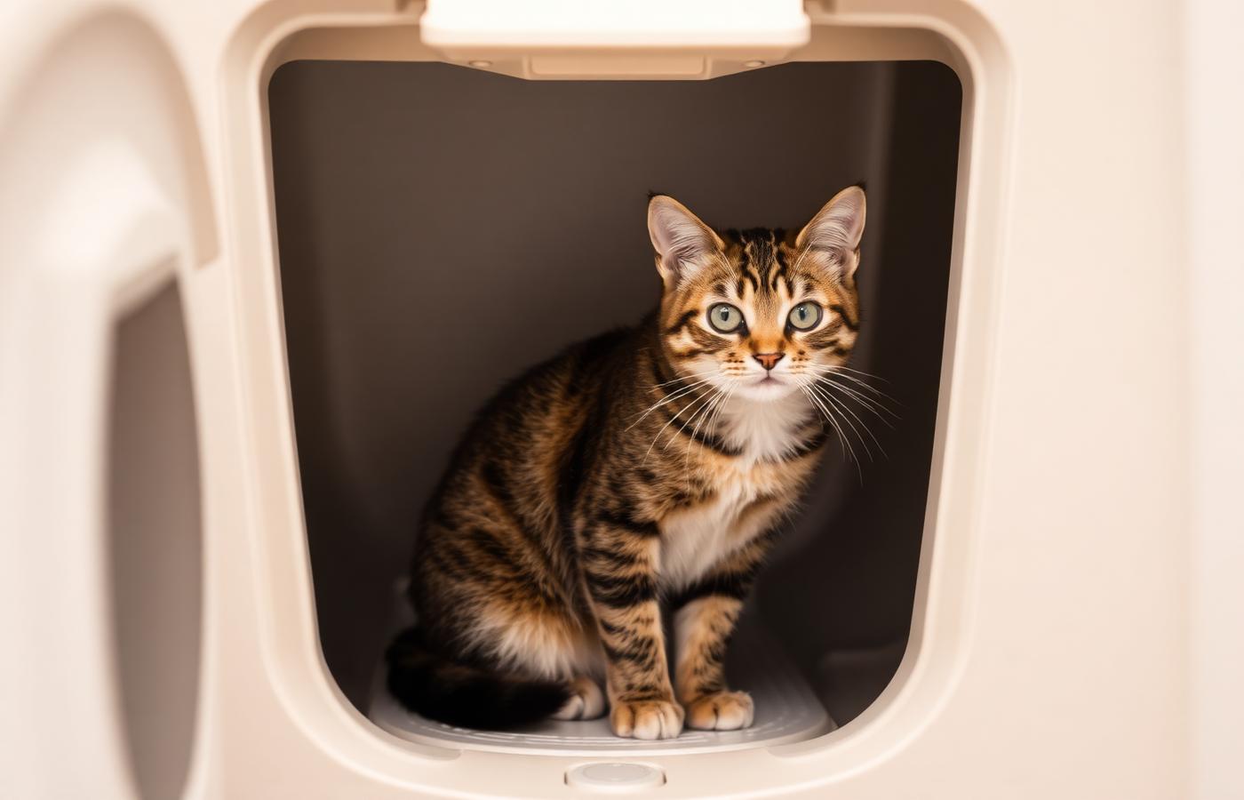 A cozy living room with an automatic litter box and a smartphone showing a companion app nearby. Image by www.CleaningRobots.Online.