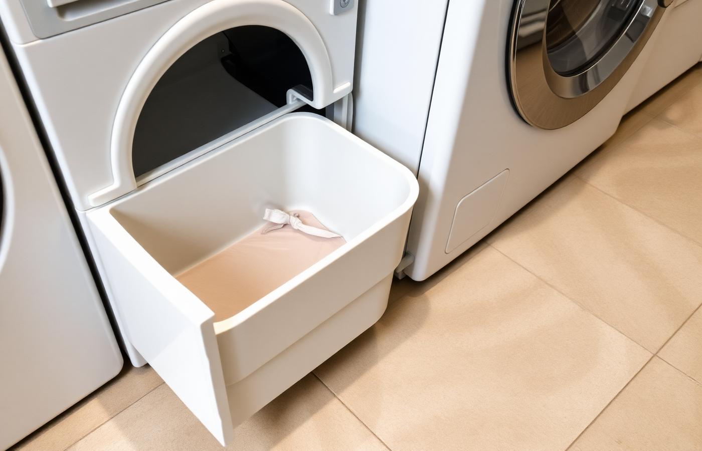 Two different sized automatic self cleaning litter boxes compared side by side in a utility room. Image by www.CleaningRobots.Online.