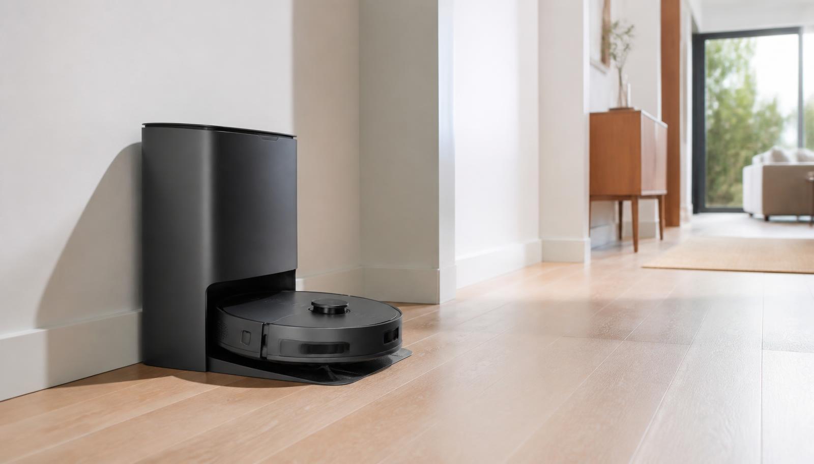 A robot vacuum docked at a tall auto-empty charging station in a modern living room, base station with a visible dust bag compartment. Image by www.CleaningRobots.Online.