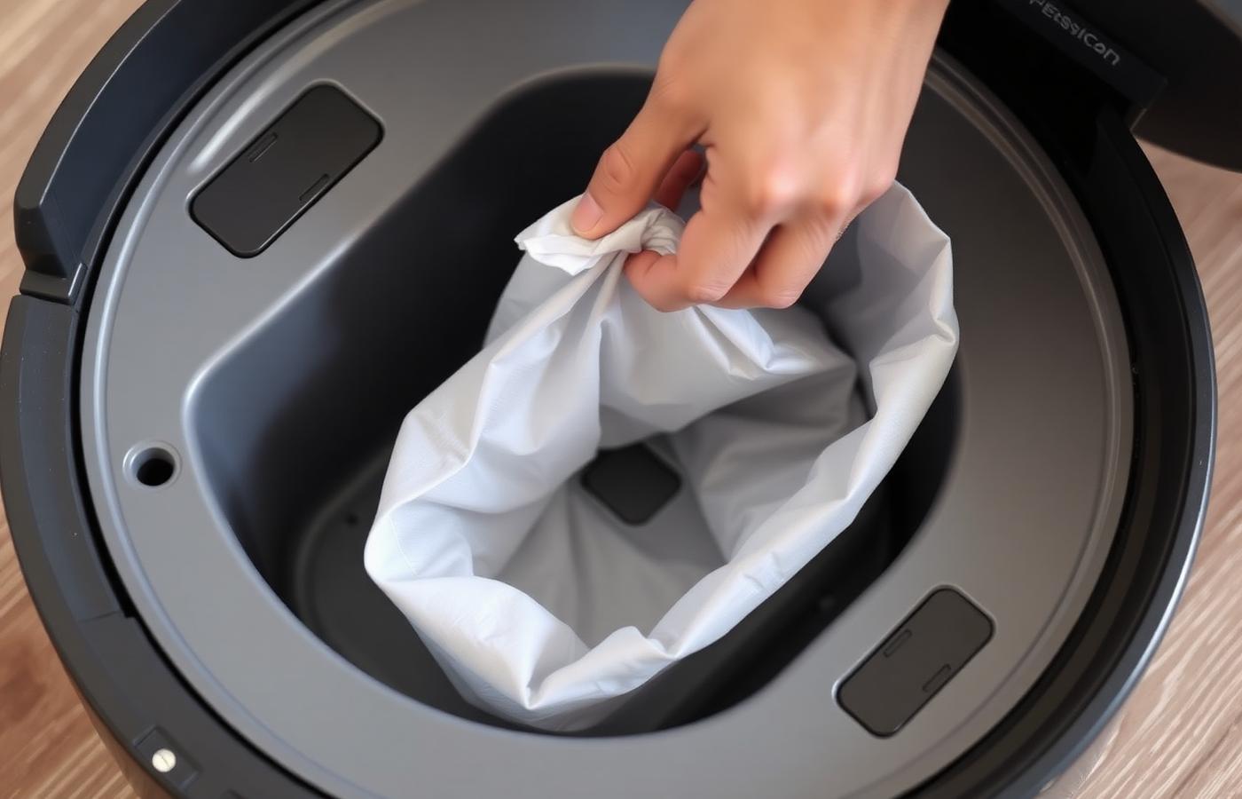 Interior view of a self-empty robot vacuum dock showing the sealed disposable dust bag. Image by www.CleaningRobots.Online.