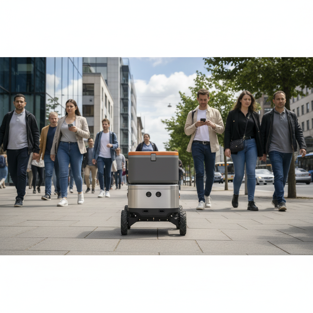 A six-wheeled sidewalk food delivery robot travelling along a footpath in a suburban street. Image by www.CleaningRobots.Online.