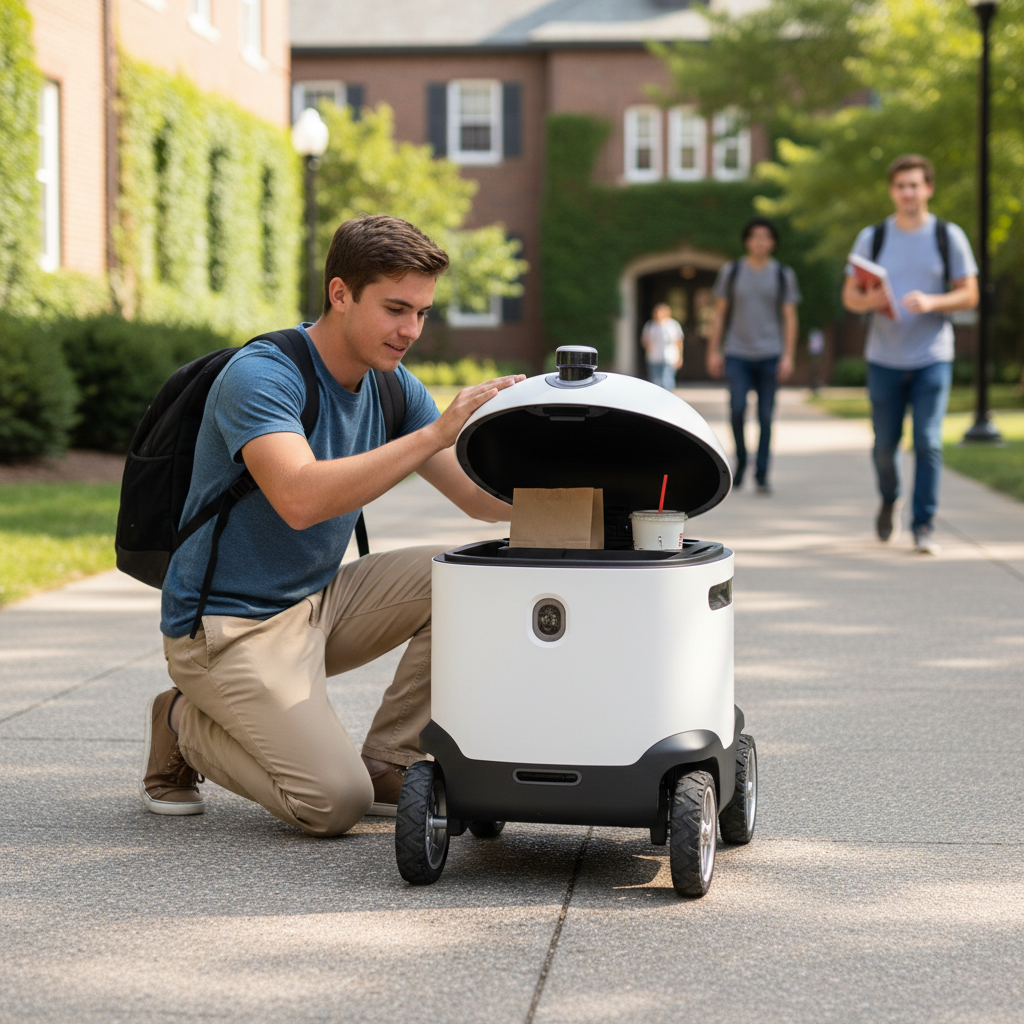 A customer opening the lid of a food delivery robot to collect a takeaway order outside their home. Image by www.CleaningRobots.Online.