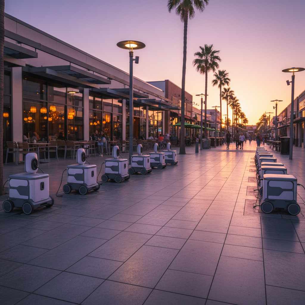 A row of food delivery robots parked and charging at a depot near a shopping strip. Image by www.CleaningRobots.Online.