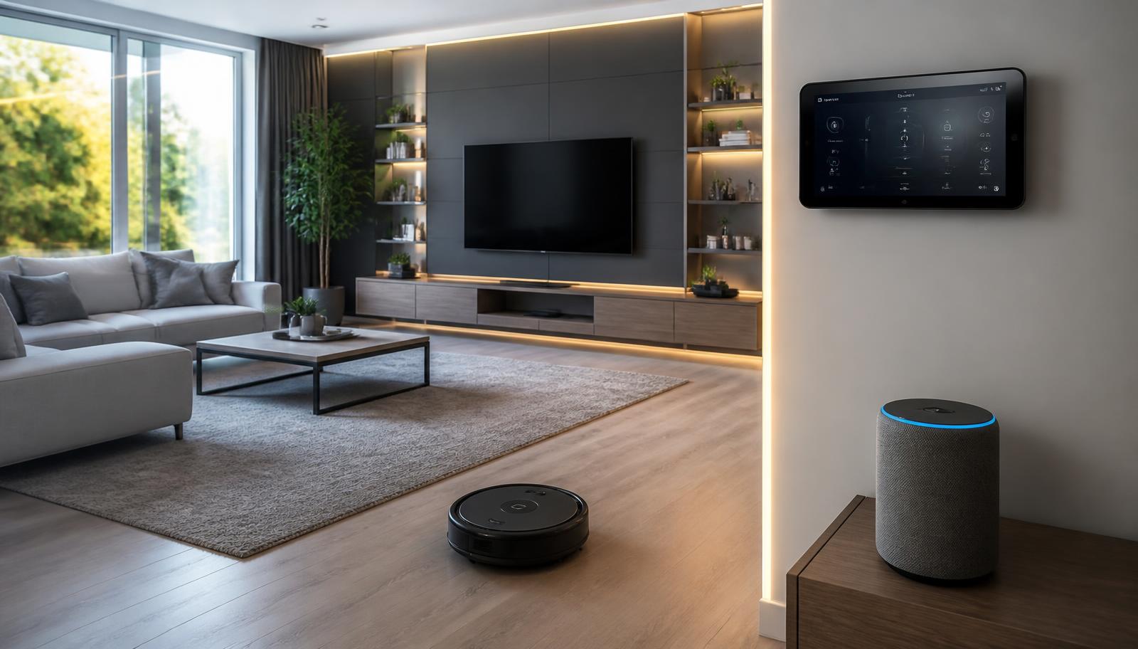 A modern smart living room with a robot vacuum docked and a wall-mounted tablet showing a home automation dashboard. Image by www.CleaningRobots.Online.