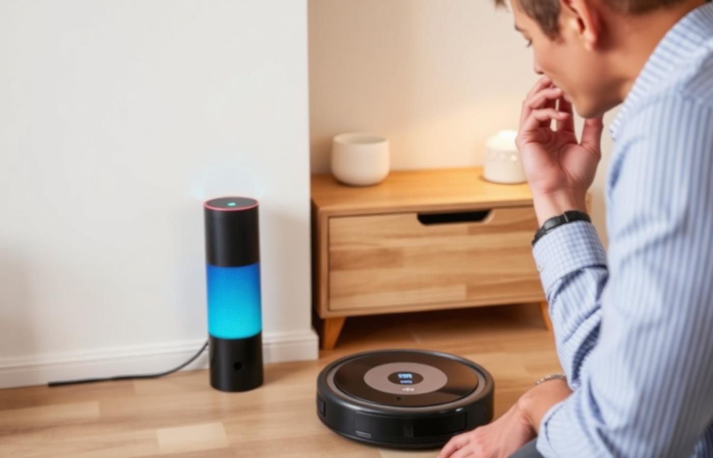 A smartphone screen showing a home automation app with a floor map and cleaning schedule, robot vacuum cleaning in the background. Image by www.CleaningRobots.Online.