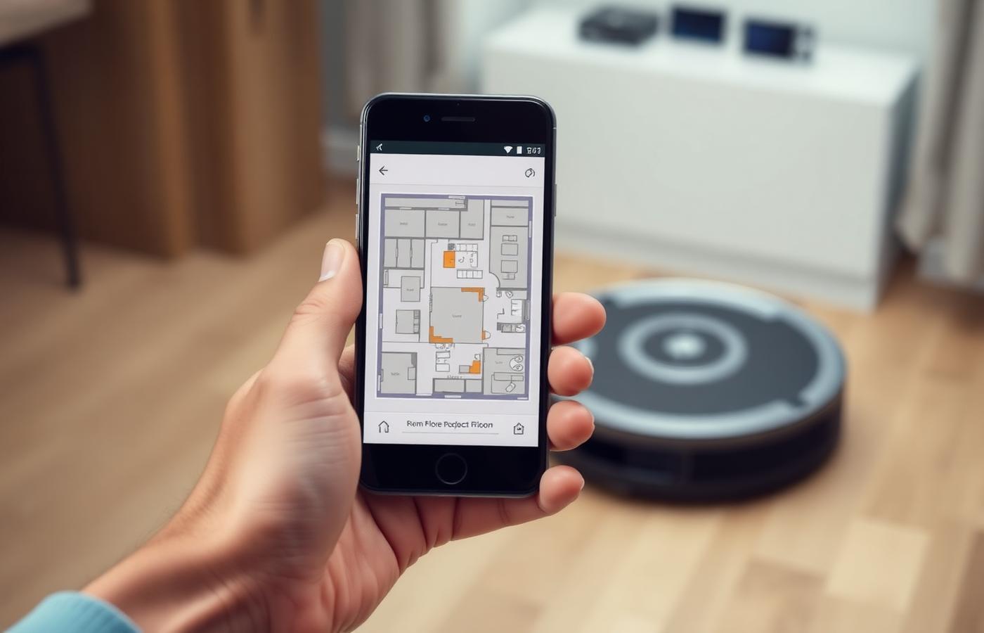 A smart home hub device on a kitchen counter with a robot vacuum passing by on the tile floor. Image by www.CleaningRobots.Online.