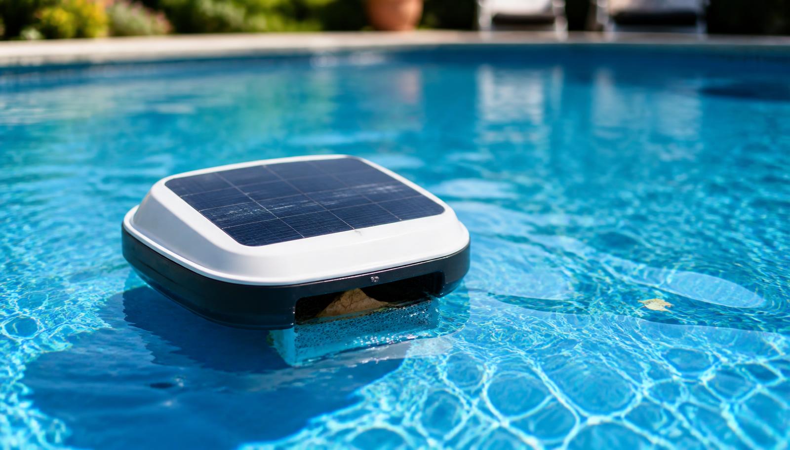 A solar pool skimmer robot floating on the surface of a sunny backyard swimming pool. Image by www.CleaningRobots.Online.
