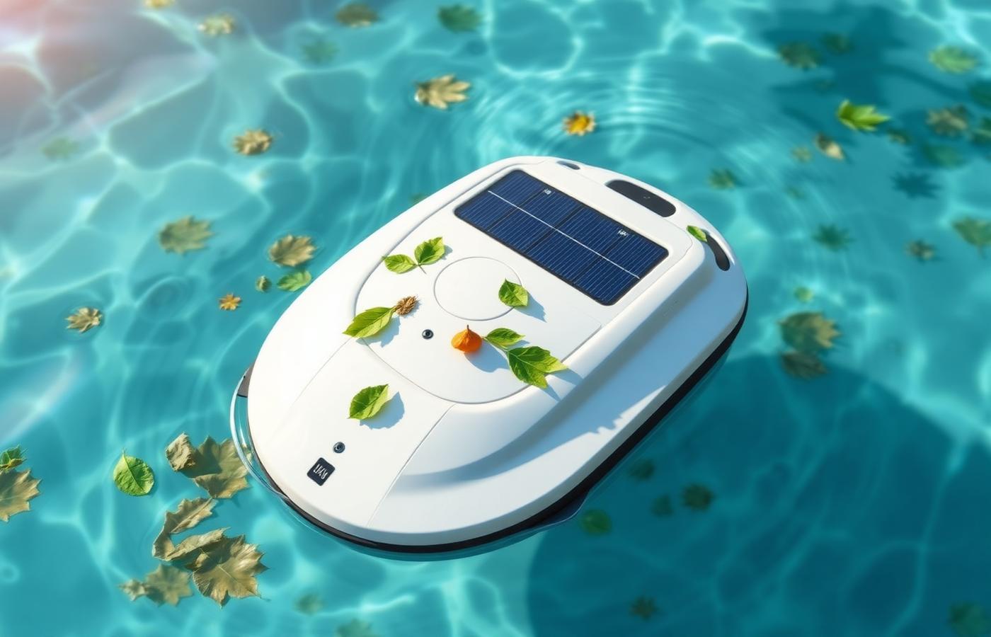 Close-up of a solar panel on top of a floating pool skimmer robot collecting leaves. Image by www.CleaningRobots.Online.