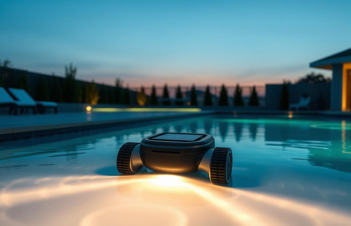 A pool owner removing a solar pool skimmer robot from the water to empty its basket. Image by www.CleaningRobots.Online.
