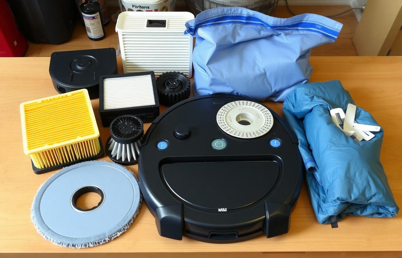 Replacement parts for outdoor cleaning robots laid out on a workbench including brushes, filters and a battery pack. Image by www.CleaningRobots.Online.