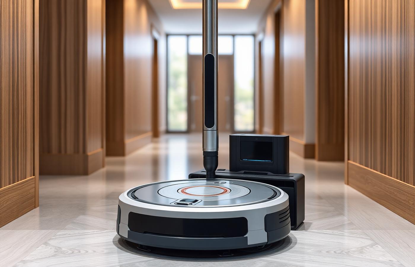 An electricity meter beside a charging dock for an outdoor robotic mower in a garage. Image by www.CleaningRobots.Online.