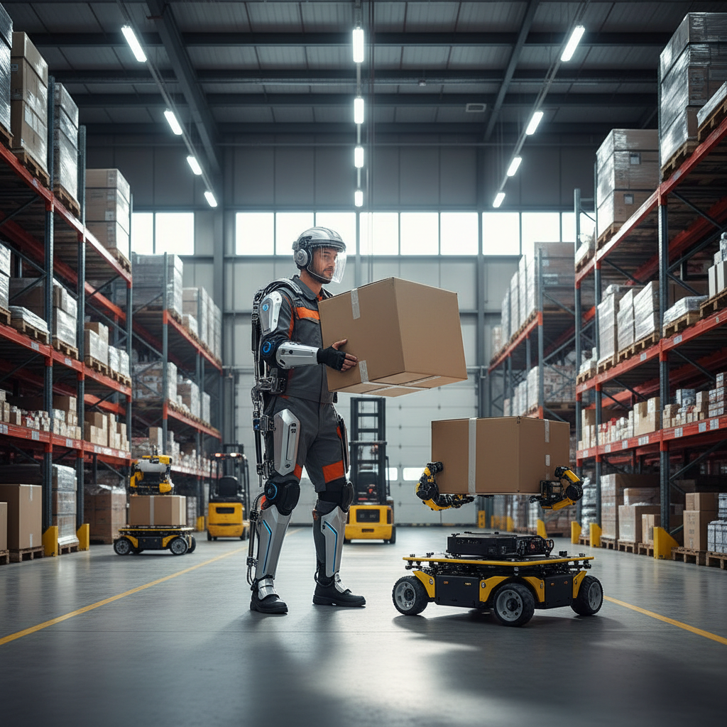A warehouse worker wearing a lifting exoskeleton robot while handling a heavy box. Image by www.CleaningRobots.Online.
