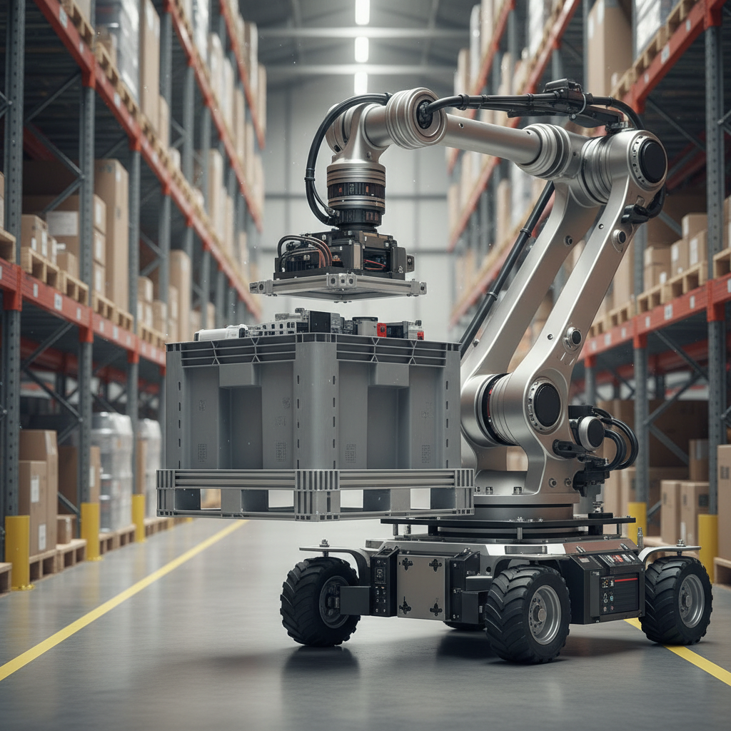 An autonomous mobile robot lifting a loaded pallet in a warehouse aisle. Image by www.CleaningRobots.Online.