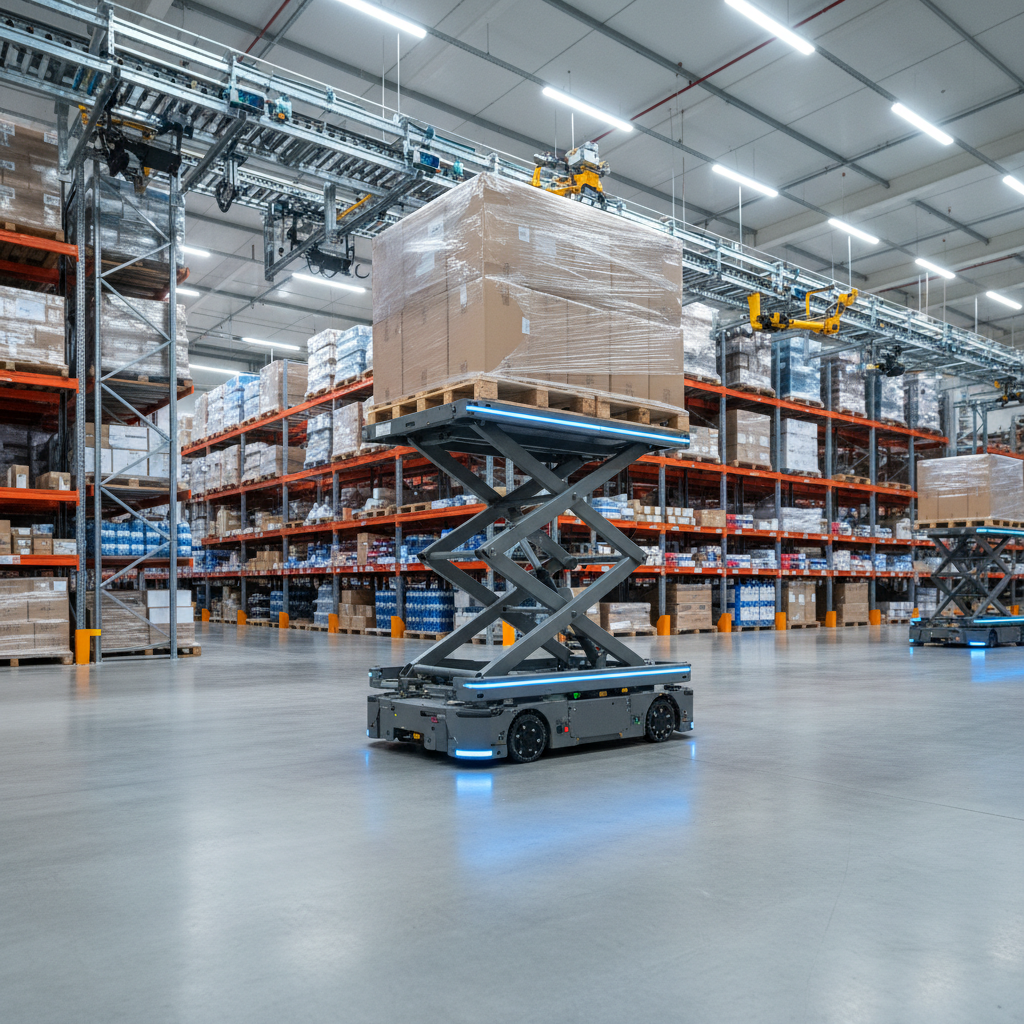 A warehouse safety officer reviewing lifting robot performance data on a tablet. Image by www.CleaningRobots.Online.