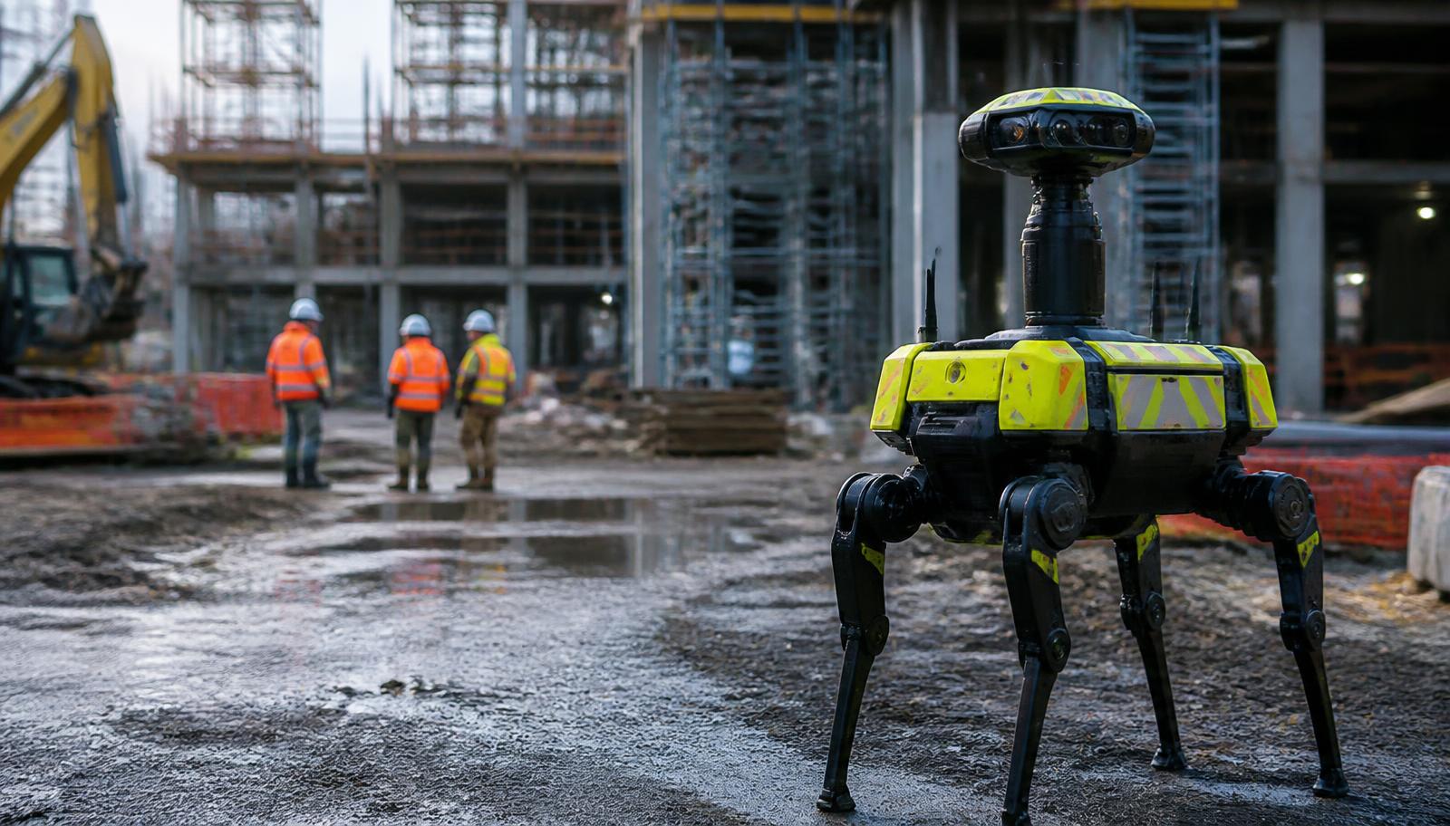 An autonomous workplace safety robot patrolling a warehouse aisle with sensor domes and warning lights. Image by www.CleaningRobots.Online.