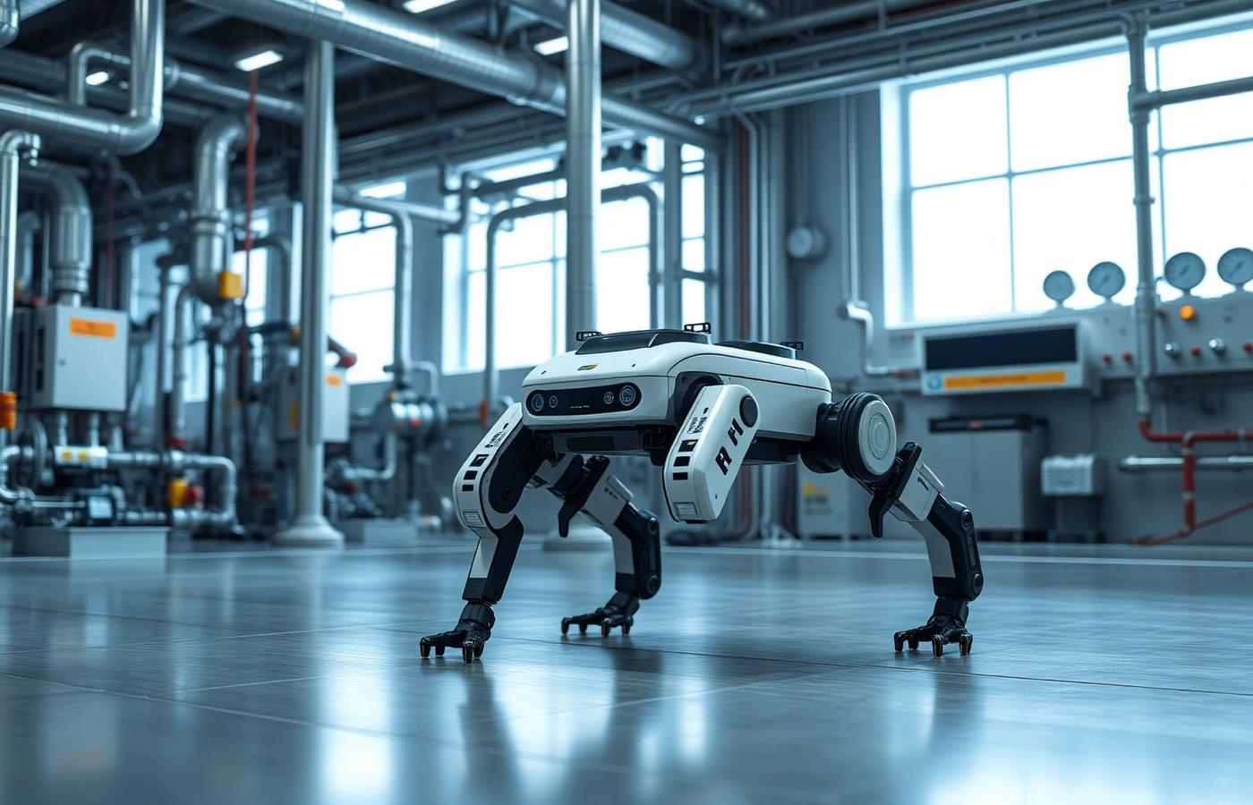 Close-up of a wheeled safety robot with thermal camera and gas sensor array near factory machinery. Image by www.CleaningRobots.Online.