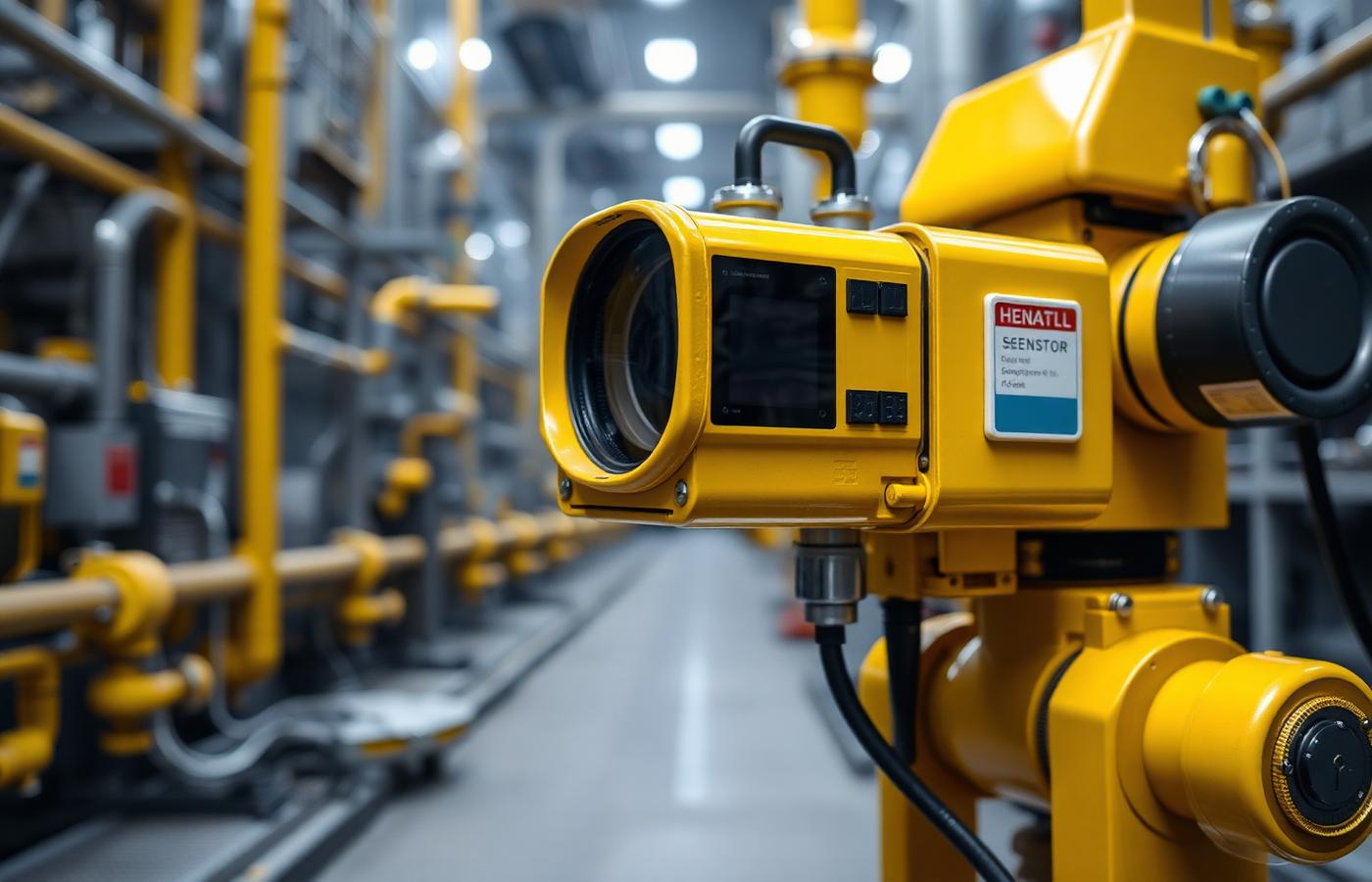 A rugged tracked safety robot patrolling a construction site at sunrise near scaffolding. Image by www.CleaningRobots.Online.